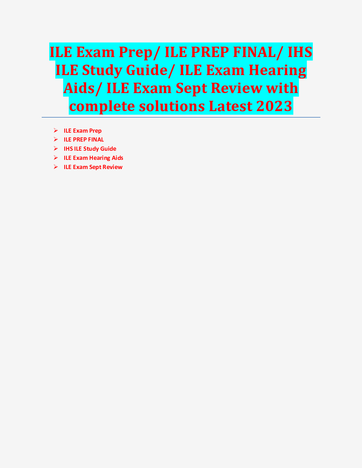 Preview image for ILE Exam Prep/ ILE PREP FINAL/ IHS ILE Study Guide/ ILE Exam Hearing Aids/ ILE Exam Sept Review with complete solutions Latest 2023